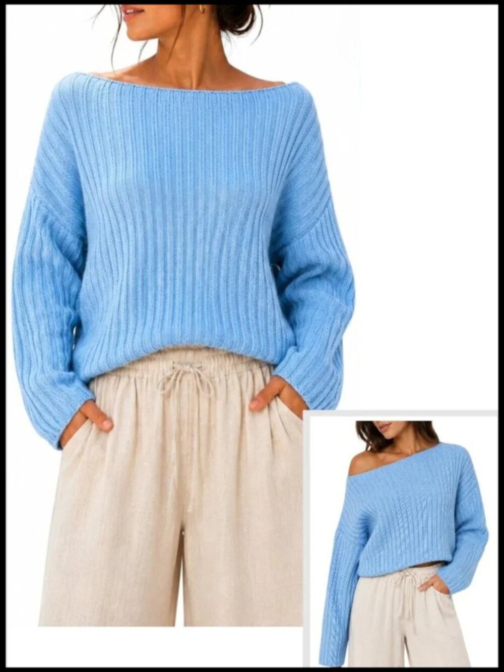 LA Hearts Julie Slouchy Sweater Blue Ribbed Knit Boat Neck S